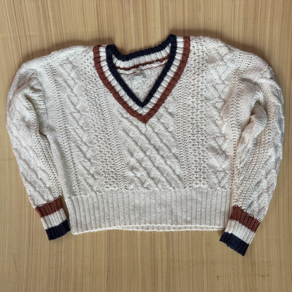 American Eagle Cable Knit V-Neck Sweater Cream Striped Varsity Preppy Large